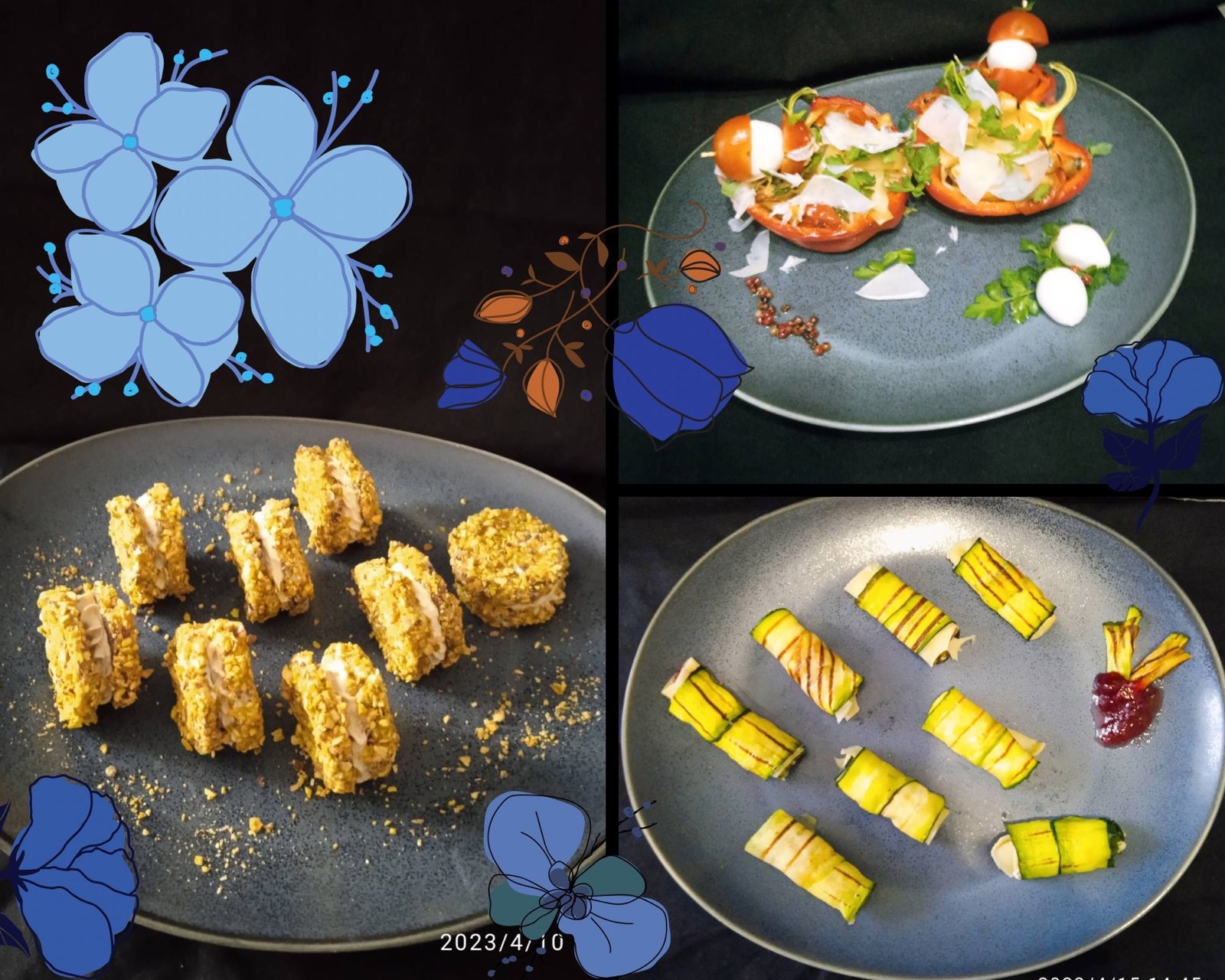 Kompozycja czterech talerzy z różnymi przekąskami: papryka faszerowana z mozzarellą i bazylią, roladki z grilowanej cukinii z kremowym nadzieniem, ciasteczka przełożone kremem i obtoczone w orzechach.