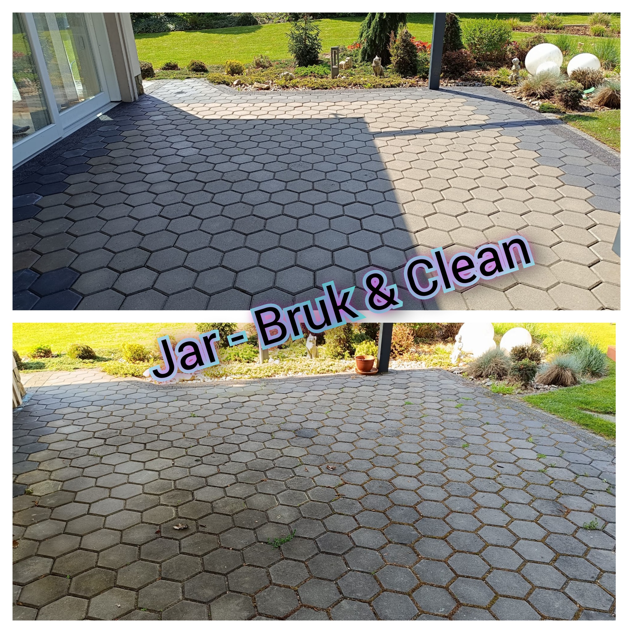 Porównanie stanu kostki brukowej przed i po czyszczeniu, widoczne różnice w kolorze i czystości, zarys ogrodu w tle.