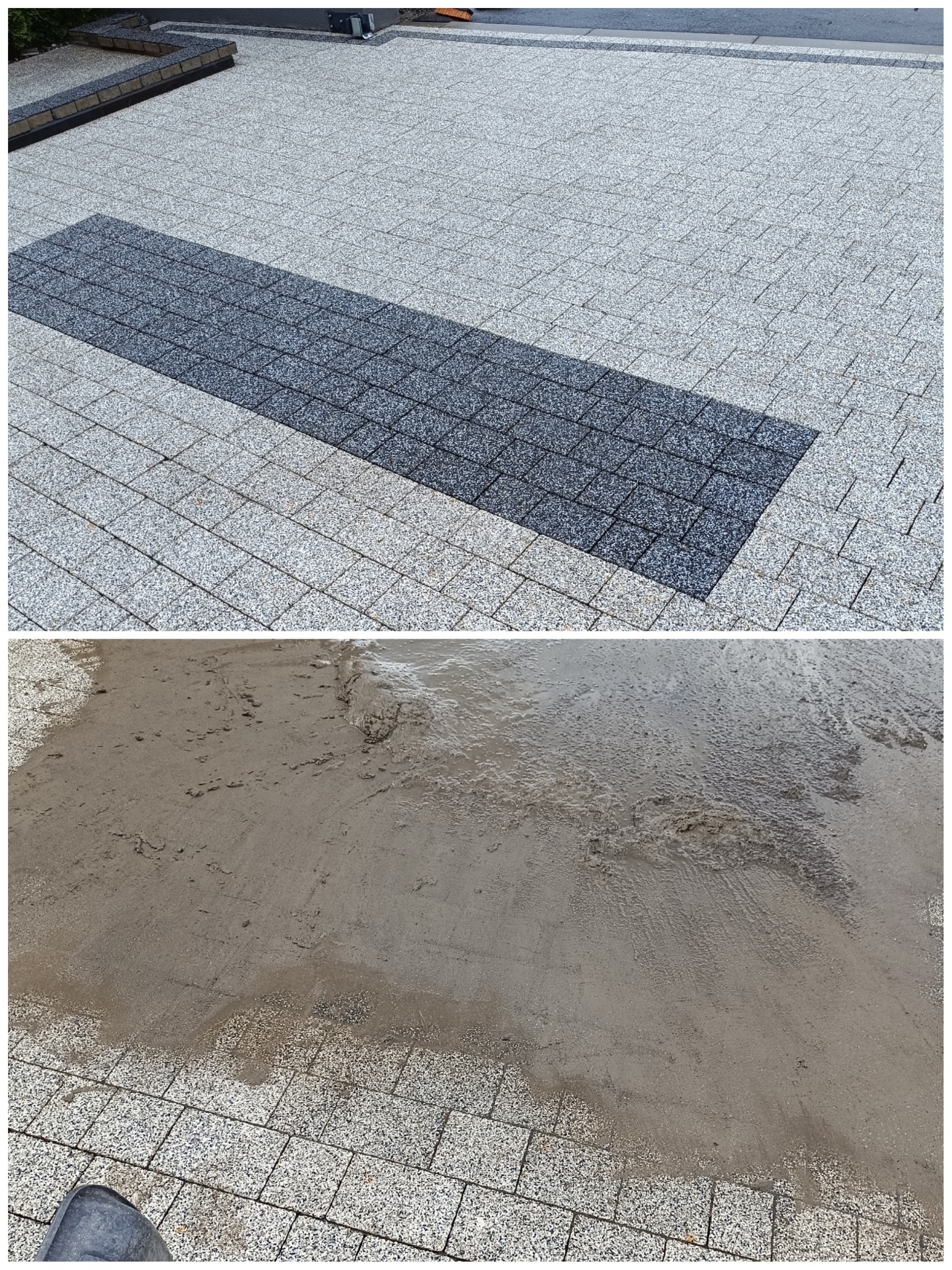 Kostka brukowa: górna część po czyszczeniu, z wyraźnym wzorem; dolna – zabrudzona, w trakcie mycia. Widoczne różnice w kolorze i czystości.