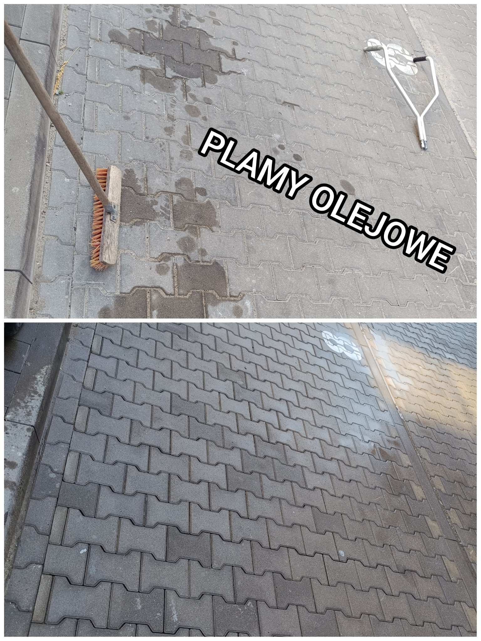 Porównanie: kostka brukowa z plamami olejowymi i po czyszczeniu. Widoczna szczotka i urządzenie do czyszczenia. Efekt 'przed i po' czyszczenia kostki.