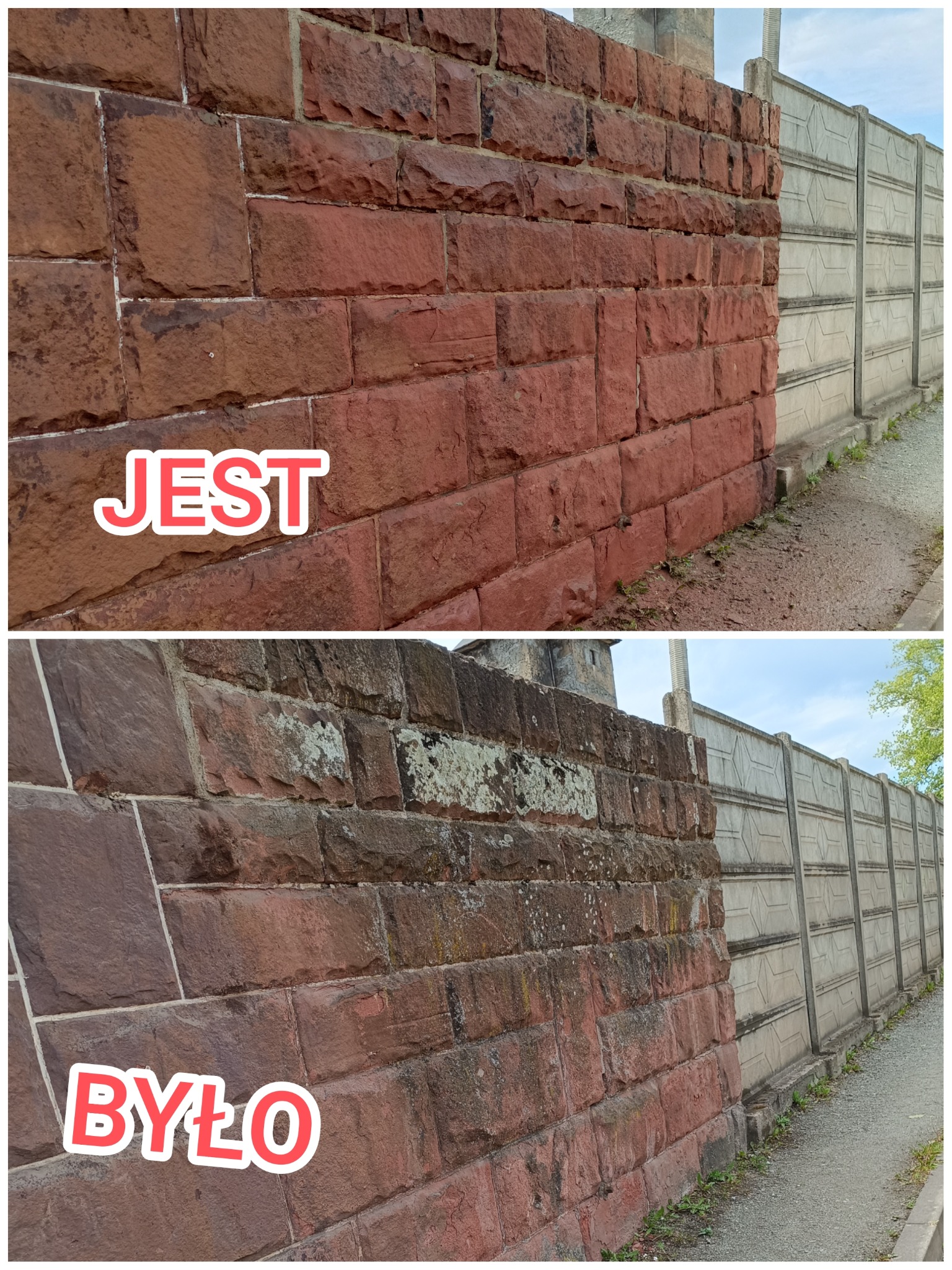Efekt czyszczenia ceglanego muru: porównanie 'przed' z widocznym zabrudzeniem i 'po' z odświeżonym, czystym wyglądem. Obok betonowe panele ogrodzeniowe.