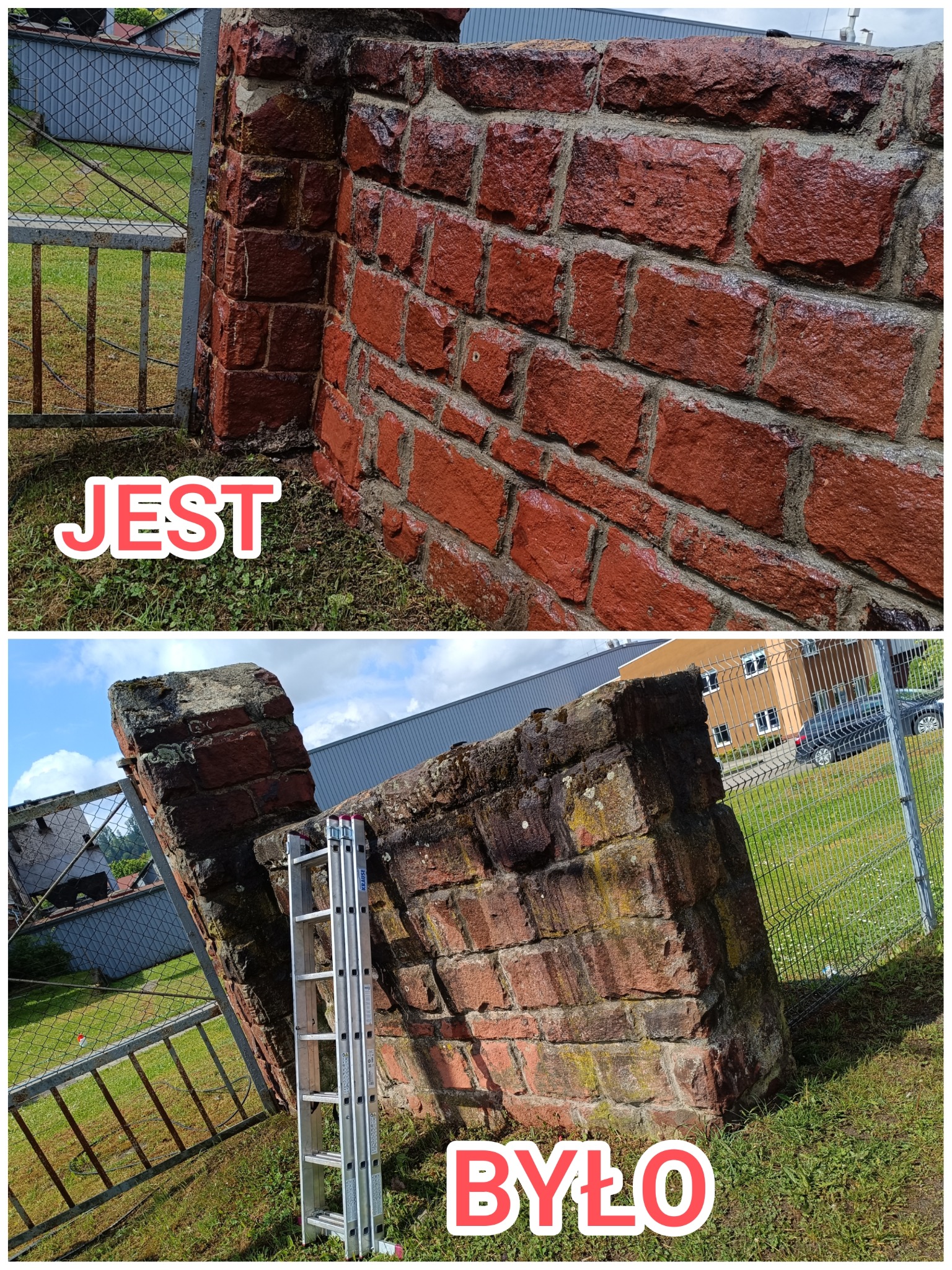 Zdjęcie typu 'przed i po' prezentujące wyczyszczony fragment ogrodzenia z czerwonej cegły. Na górze efekt 'po' z napisem JEST, na dole 'przed' z napisem BYŁO.