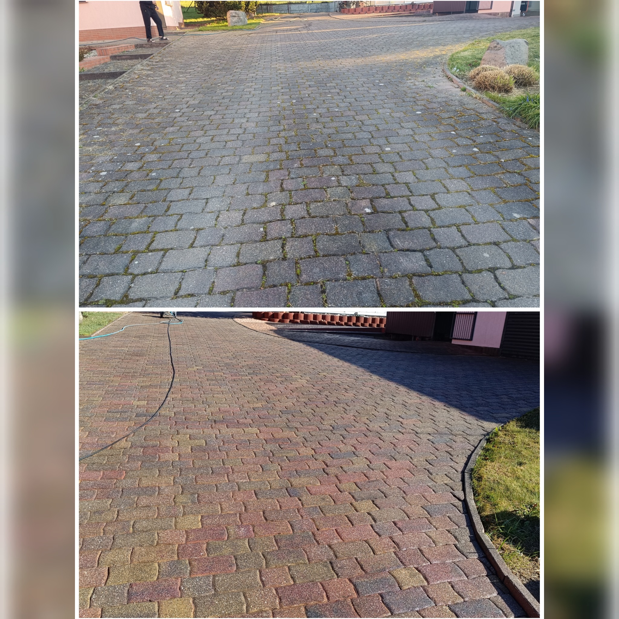 Efekt przed i po czyszczenia kostki brukowej: szara, zabrudzona kostka kontrastuje z odzyskaną, kolorową i czystą powierzchnią. Widoczne ślady po czyszczeniu.