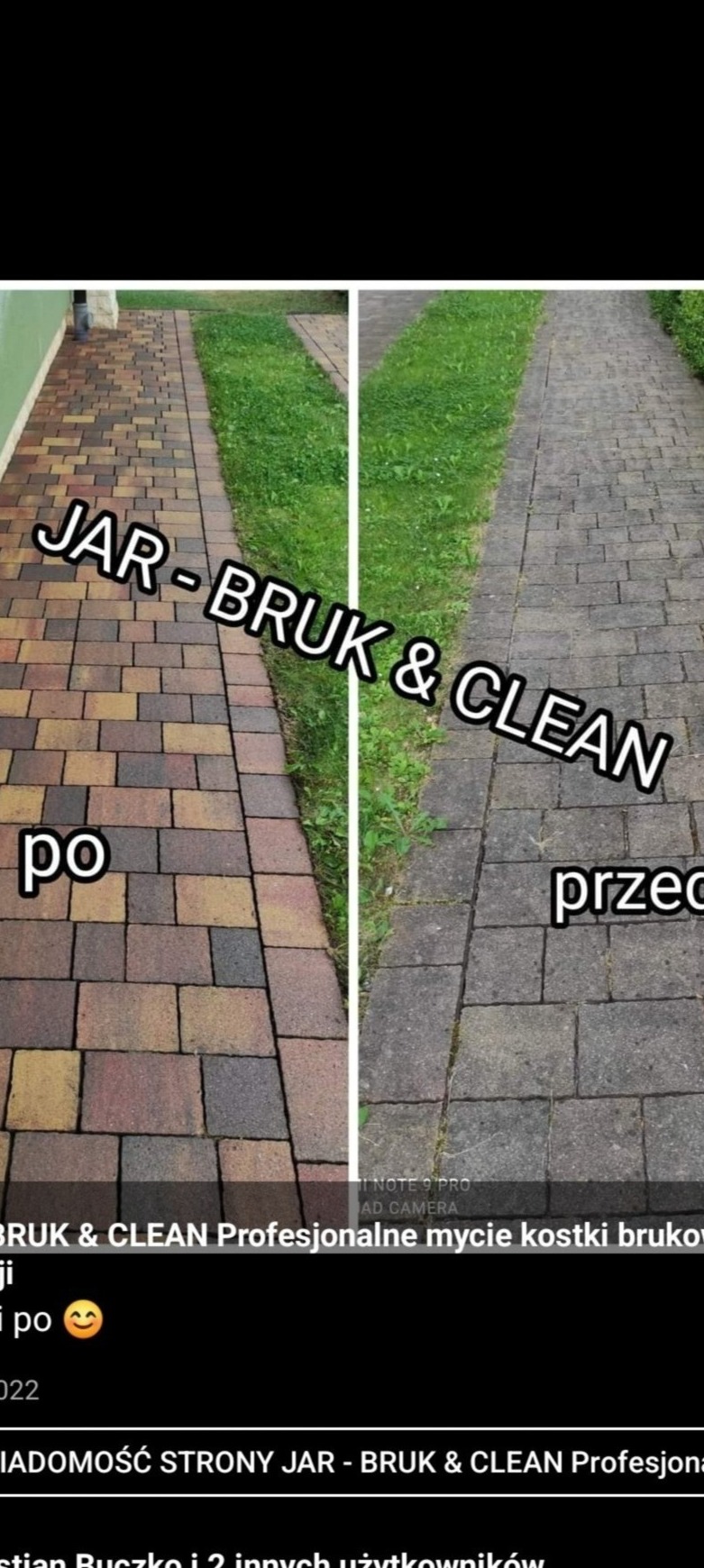 Porównanie kostki brukowej przed i po czyszczeniu, widoczna wyraźna różnica w kolorze i czystości, zieleń trawy po bokach.