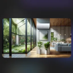 Nowoczesne wnętrze z klimatyzacją ścienną, dużymi oknami na ogród i minimalistycznym wystrojem salonu.