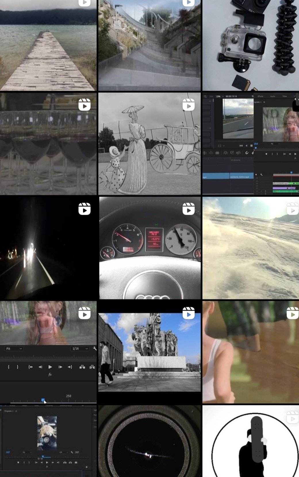 Interfejs programu do edycji wideo z widocznymi osiami czasu, klipami wideo i oknami podglądu, wskazujący na proces postprodukcji wideo.