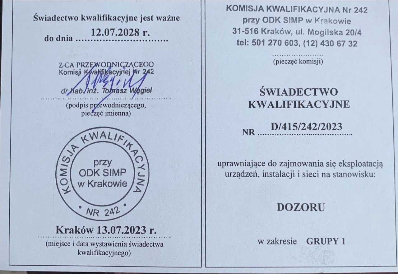Skan świadectwa kwalifikacyjnego nr D/415/242/2023, wydanego przez Komisję Kwalifikacyjną Nr 242 przy ODK SIMP w Krakowie, uprawniającego do zajmowania się eksploatacją urządzeń, instalacji i sieci...
