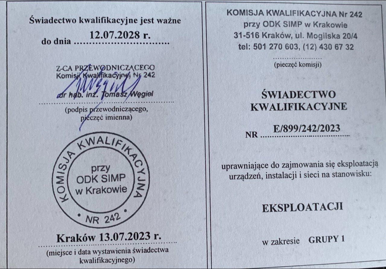 Skan świadectwa kwalifikacyjnego uprawniającego do eksploatacji urządzeń, instalacji i sieci, wystawionego przez Komisję Kwalifikacyjną nr 242 przy ODK SIMP w Krakowie, z datą ważności do 12.07.
