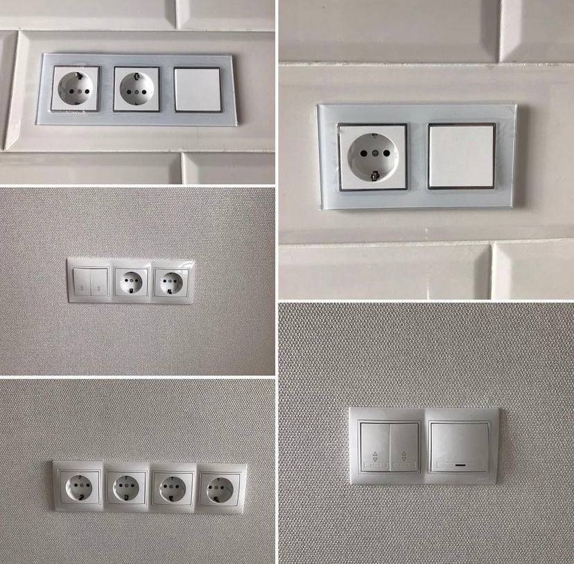 Kompozycja zdjęć gniazdek elektrycznych i włączników światła o różnych konfiguracjach i wykończeniach, zamontowanych na ścianach o różnej fakturze, w tym gniazdko z ramką ze szkła akrylowego.