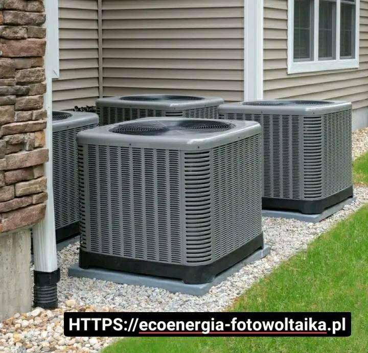 Cztery szare jednostki zewnętrzne klimatyzacji ustawione obok domu z brązową elewacją, widoczne na tle trawnika i kamiennego podłoża.