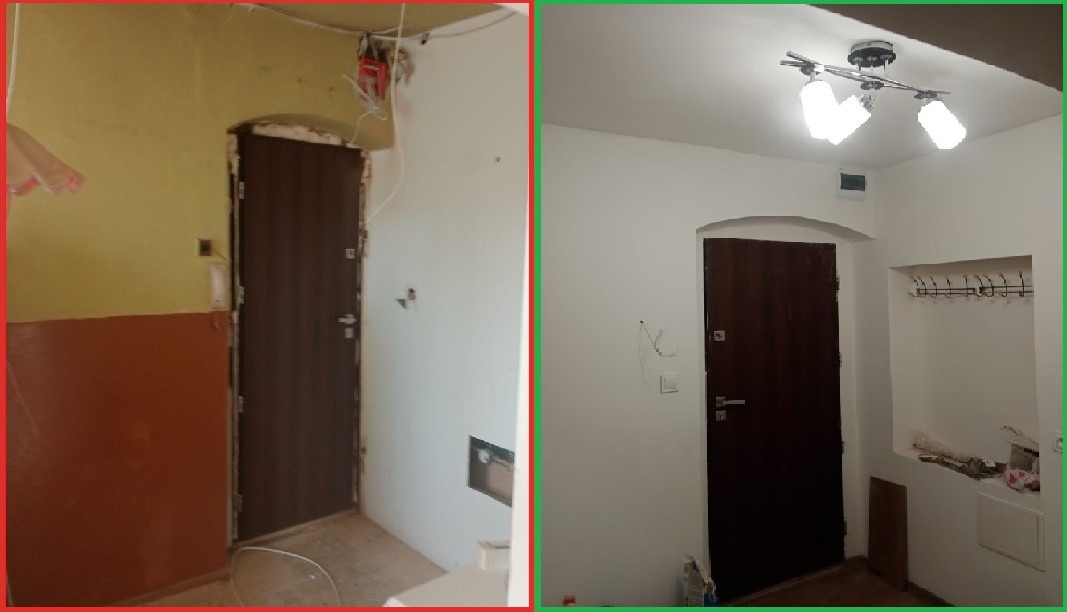 Porównanie stanu przed i po: montaż drzwi wewnętrznych z ościeżnicą łukową, ściany po lewej w trakcie malowania, po prawej pomalowane na biało, nowa instalacja elektryczna z oświetleniem.