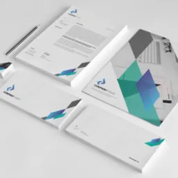 Zestaw firmowej papeterii z logo firmy, zawierający wizytówki ułożone w stos, list firmowy, koperty DL oraz folder z grafiką, wszystko w stonowanej kolorystyce z akcentami turkusu i granatu, leżące...