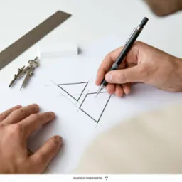 Osoba rysuje schemat geometryczny na białej kartce papieru za pomocą ołówka automatycznego, w tle widoczna linijka, cyrkiel i gumka.