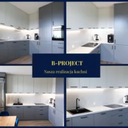 Nowoczesna kuchnia w odcieniach szarości z białym blatem i czarnymi akcentami, oświetlenie podszafkowe LED, na blacie ekspres do kawy i robot kuchenny, widoczny fragment jadalni z drewnianym stołem...