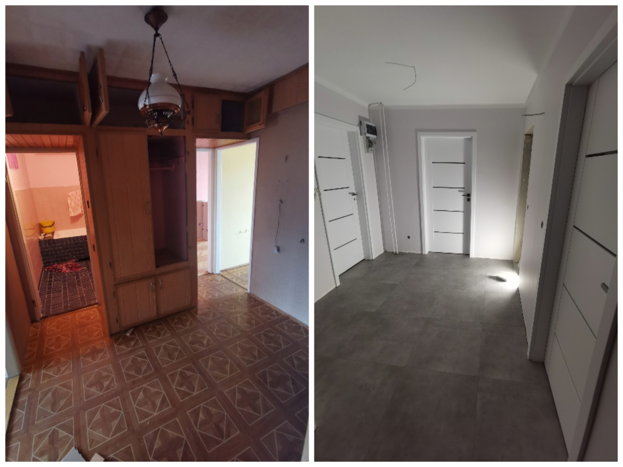 Korytarz przed i po odnowieniu: po lewej stronie stara boazeria i wzorzysta podłoga, po prawej gładkie szare płytki i białe drzwi.