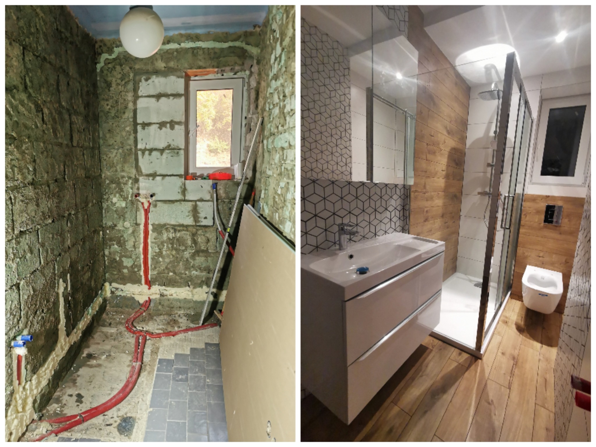 Porównanie stanu surowego łazienki z widocznymi instalacjami i stanu po remoncie z nowoczesną kabiną prysznicową, umywalką z szafką, wiszącą toaletą i drewnopodobnymi płytkami.