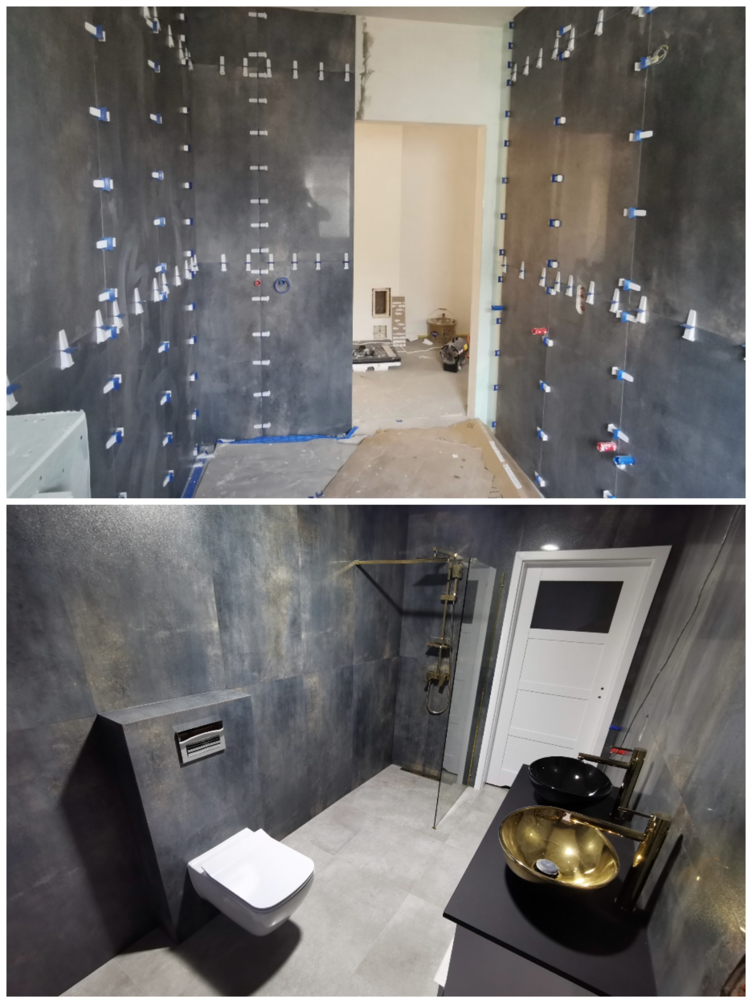 Dwa ujęcia tej samej łazienki: górne pokazuje etap układania ciemnych płytek z użyciem krzyżyków dystansowych, dolne prezentuje gotową łazienkę z toaletą podwieszaną, kabiną prysznicową ze złotą...