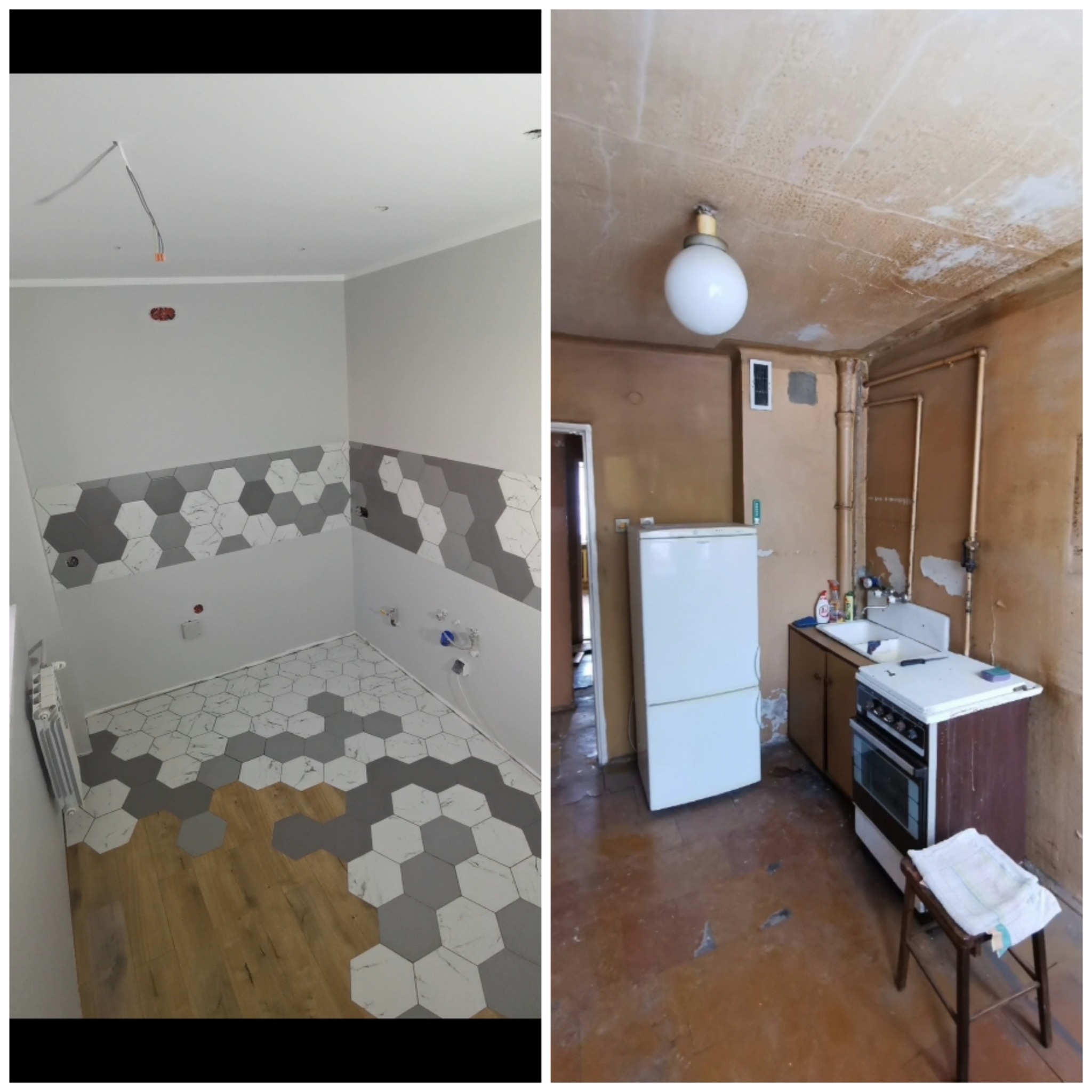Porównanie stanu kuchni przed i w trakcie prac: po lewej stronie widok po częściowym ułożeniu heksagonalnych płytek podłogowych i ściennych, po prawej zaniedbane wnętrze z wyposażeniem przed remontem.