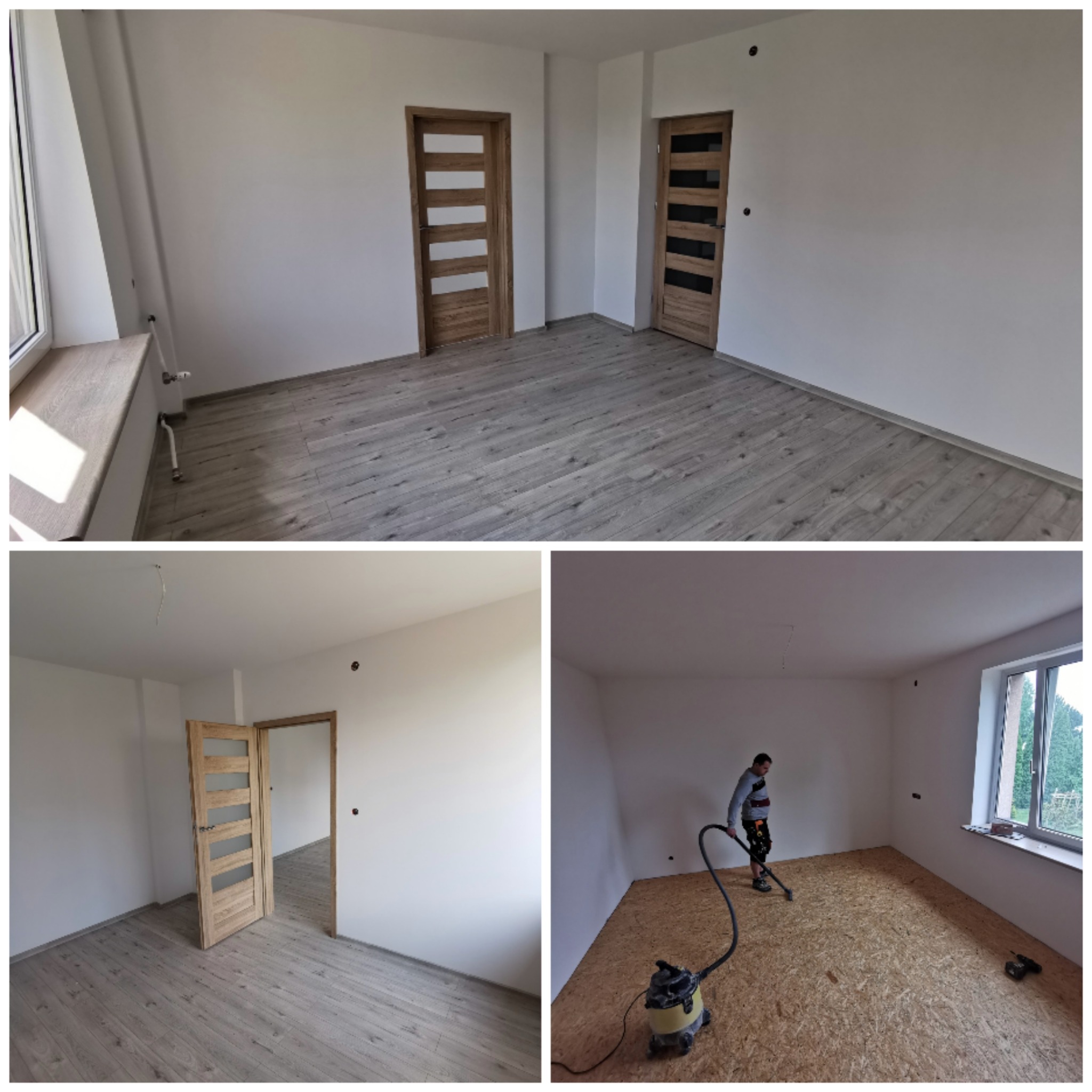 Wnętrze po częściowym remoncie: białe ściany, szare panele podłogowe imitujące drewno, dwoje drewnianych drzwi z szybami, na jednej z podłóg płyta OSB, pracownik sprząta odkurzaczem budowlanym.