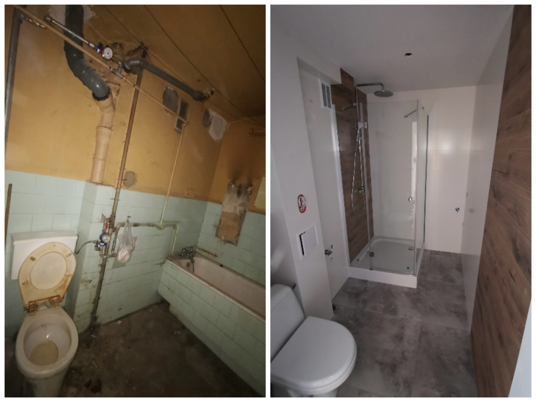 Porównanie stanu łazienki przed i po: stara, zaniedbana z żółtymi ścianami i nowa, nowoczesna z kabiną prysznicową walk-in i panelami imitującymi drewno.