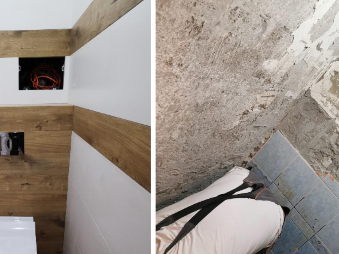 Łazienka w trakcie prac: surowa ściana obok wykończonej części z drewnopodobnymi panelami i białymi płytkami, widoczne przewody w puszce elektrycznej.