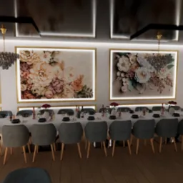 Wizualizacja sali jadalnej z długim stołem nakrytym dla gości, szare krzesła z drewnianymi nogami, dekoracje kwiatowe na ścianach w złotych ramach, żyrandole i oświetlenie ścienne, drewniana...