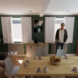 Wizualizacja jadalni z drewnianym stołem zastawionym deserami, dwoma osobami w pomieszczeniu, zieloną tapetą w liście i drewnianą zabudową ściany.