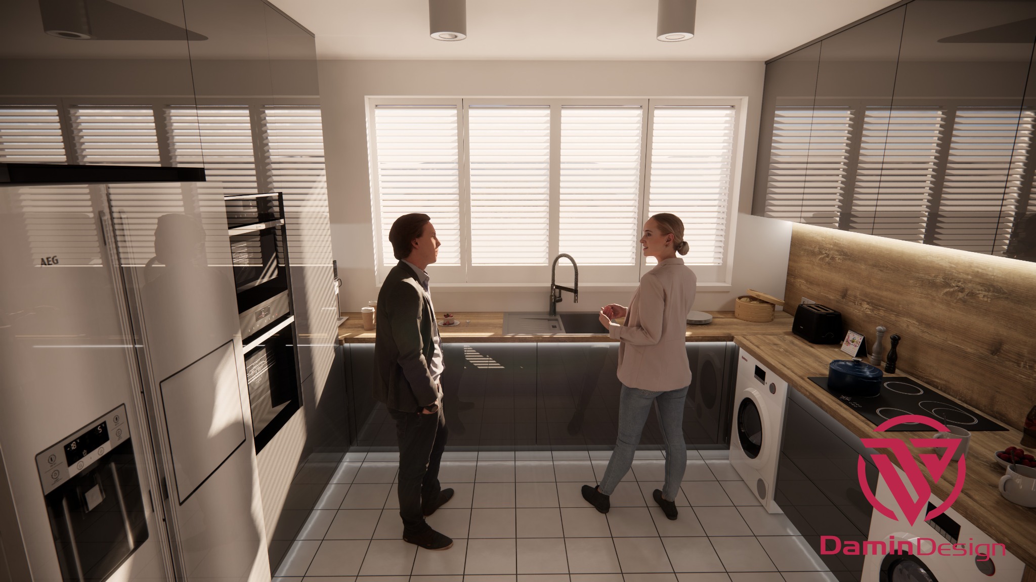 Wizualizacja nowoczesnej kuchni z dwiema osobami rozmawiającymi, zabudowa z szarymi, lakierowanymi frontami, drewniany blat, biała lodówka AEG i pralka pod blatem, okno z żaluzjami.