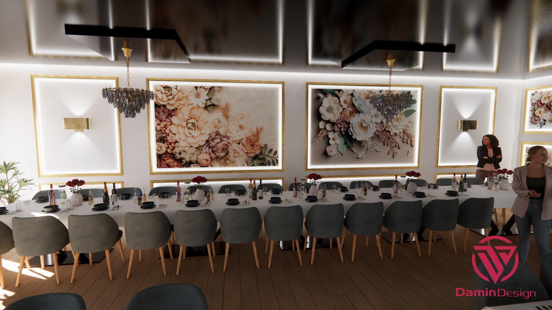 Wizualizacja sali jadalnej z długim stołem nakrytym dla gości, szare krzesła z drewnianymi nogami, dekoracje kwiatowe na ścianach w złotych ramach, żyrandole i oświetlenie ścienne, drewniana...