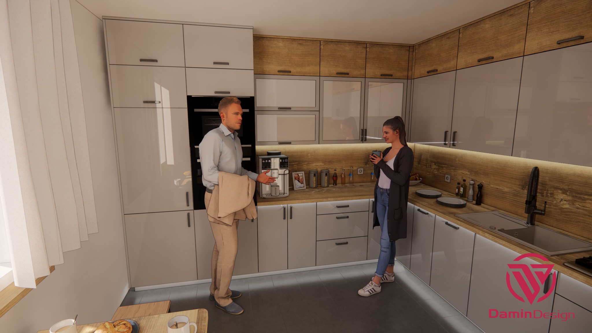 Wizualizacja nowoczesnej kuchni z białymi szafkami, drewnianym blatem i oświetleniem LED pod szafkami wiszącymi, z parą pijącą kawę.