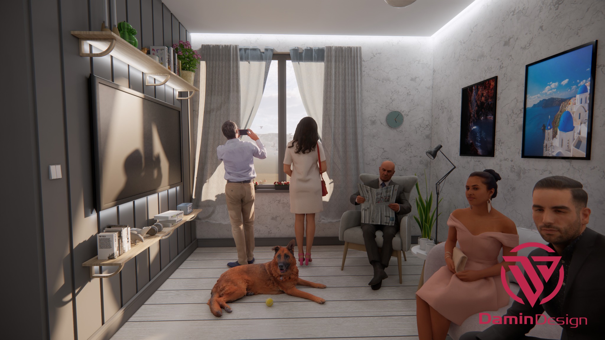 Wizualizacja wnętrza mieszkania z telewizorem na ścianie, półkami, siedzącymi osobami, psem i widokiem z okna.