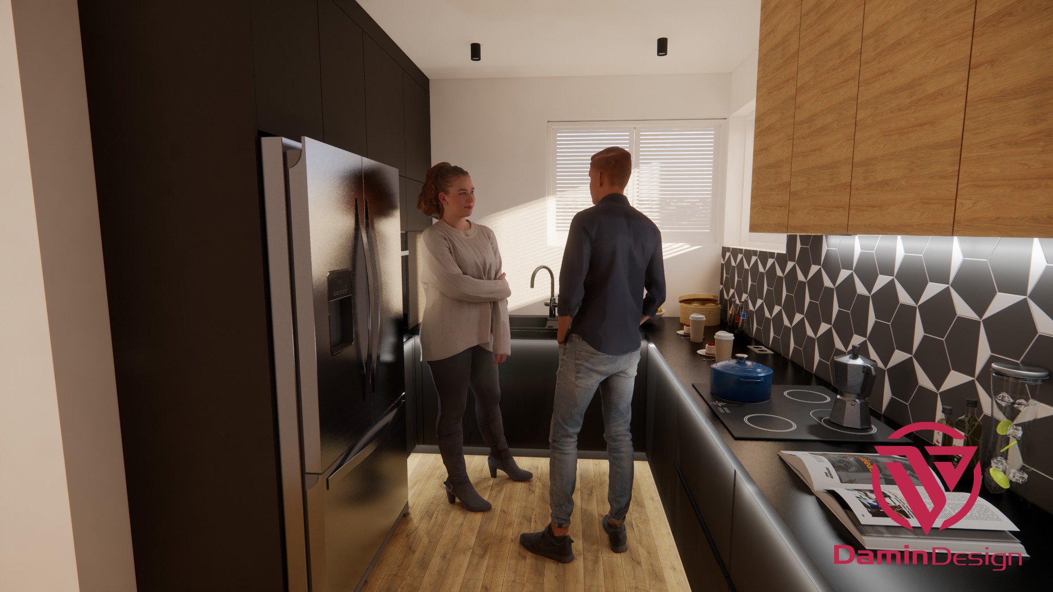 Wizualizacja kuchni z czarnymi szafkami, drewnianymi górnymi szafkami i geometrycznymi płytkami na ścianie; para rozmawia w tle, na blacie leżą gazety i akcesoria kuchenne, widoczne logo projektanta.