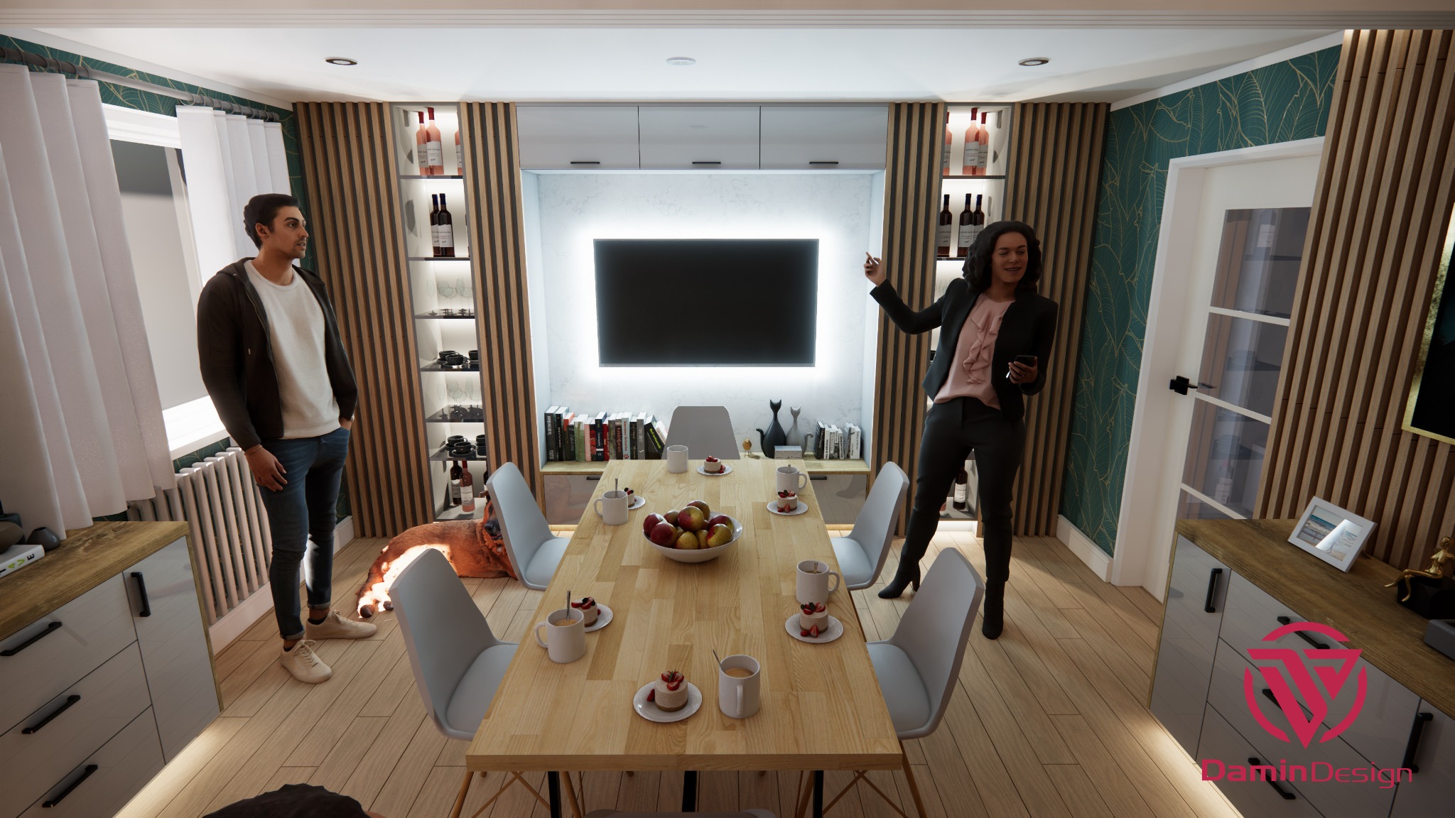 Wizualizacja jadalni z drewnianym stołem, owocami, napojami, dwiema osobami i psem, oświetleniem LED wokół telewizora i drewnianymi panelami na ścianach.