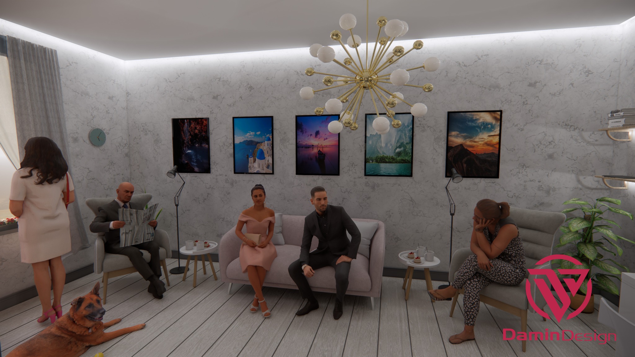 Wizualizacja salonu z marmurową ścianą, nowoczesnym oświetleniem, obrazami, sofą i fotelami, z ludźmi i psem.