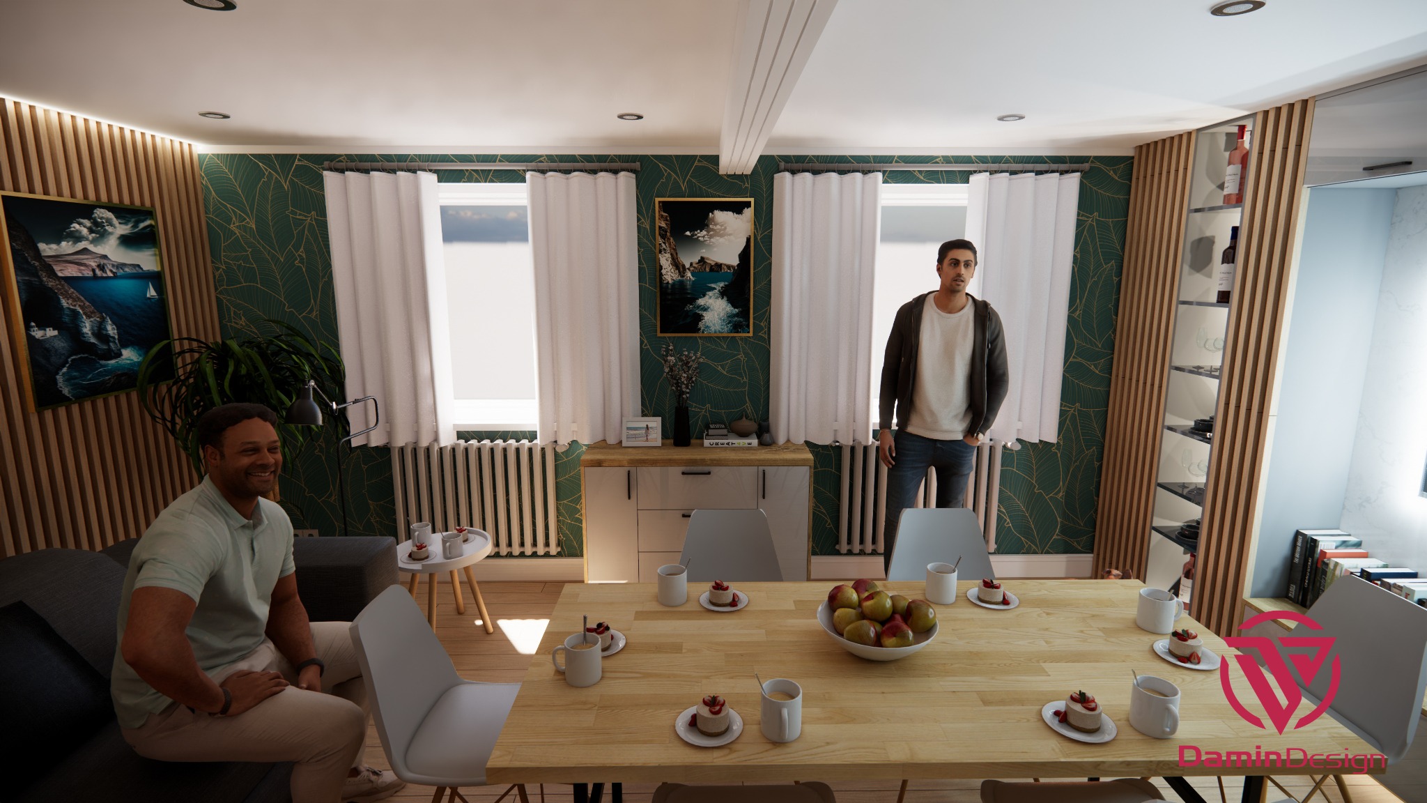 Wizualizacja jadalni z drewnianym stołem zastawionym deserami, dwoma osobami w pomieszczeniu, zieloną tapetą w liście i drewnianą zabudową ściany.