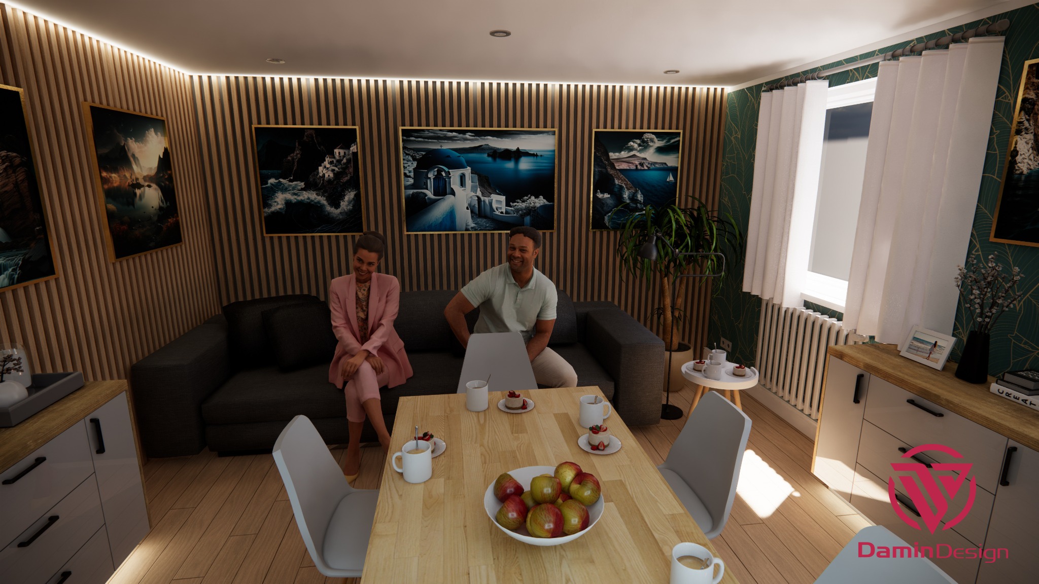 Wizualizacja salonu z jadalnią: drewniana ściana z obrazami, szara sofa, stół z owocami i para siedząca na sofie.