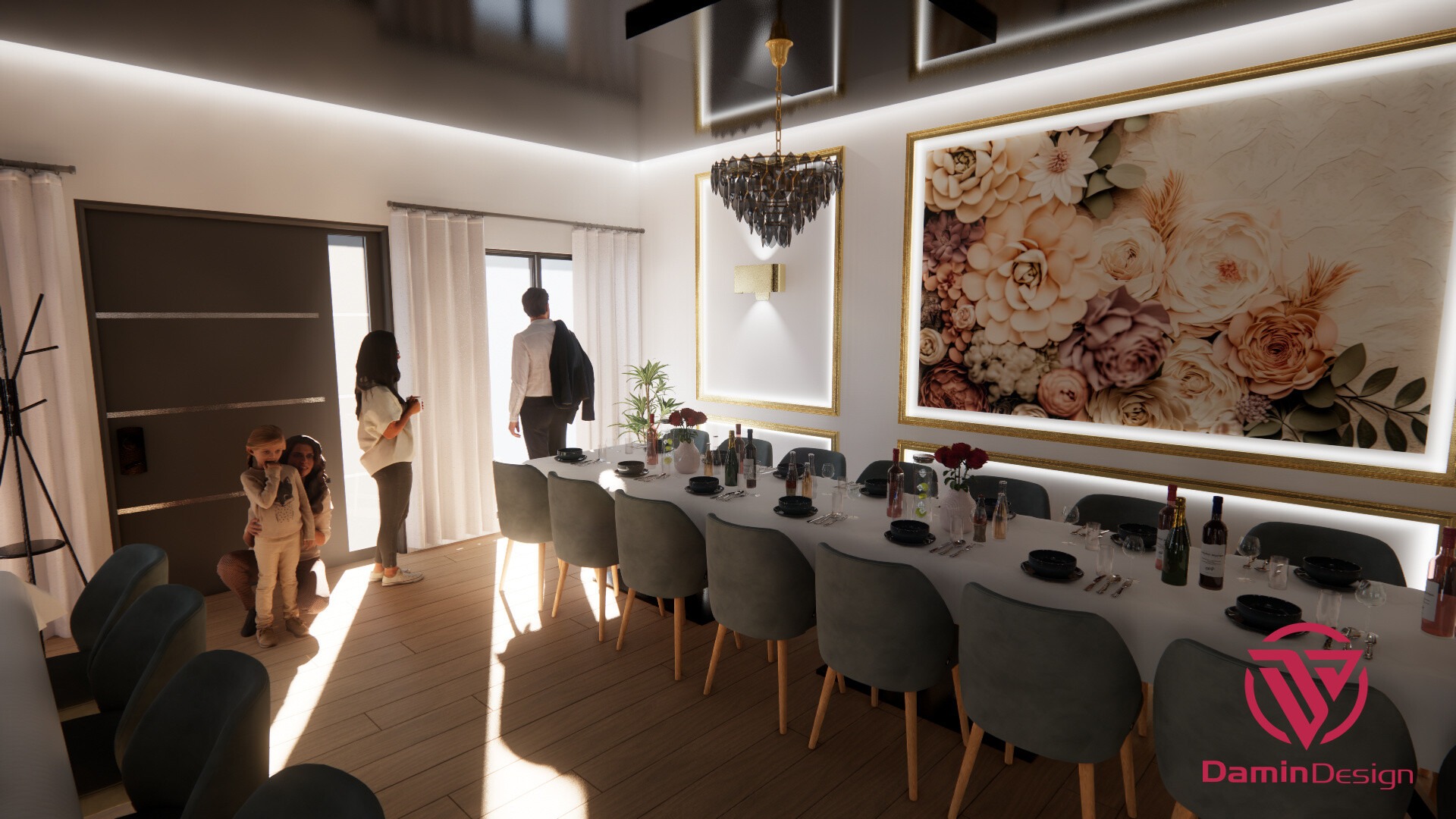 Wizualizacja jadalni z długim stołem nakrytym dla wielu osób, oświetlonym nowoczesnym żyrandolem i ozdobionym obrazem kwiatowym w złotej ramie. W tle widoczna rodzina, w tym dwoje dzieci.