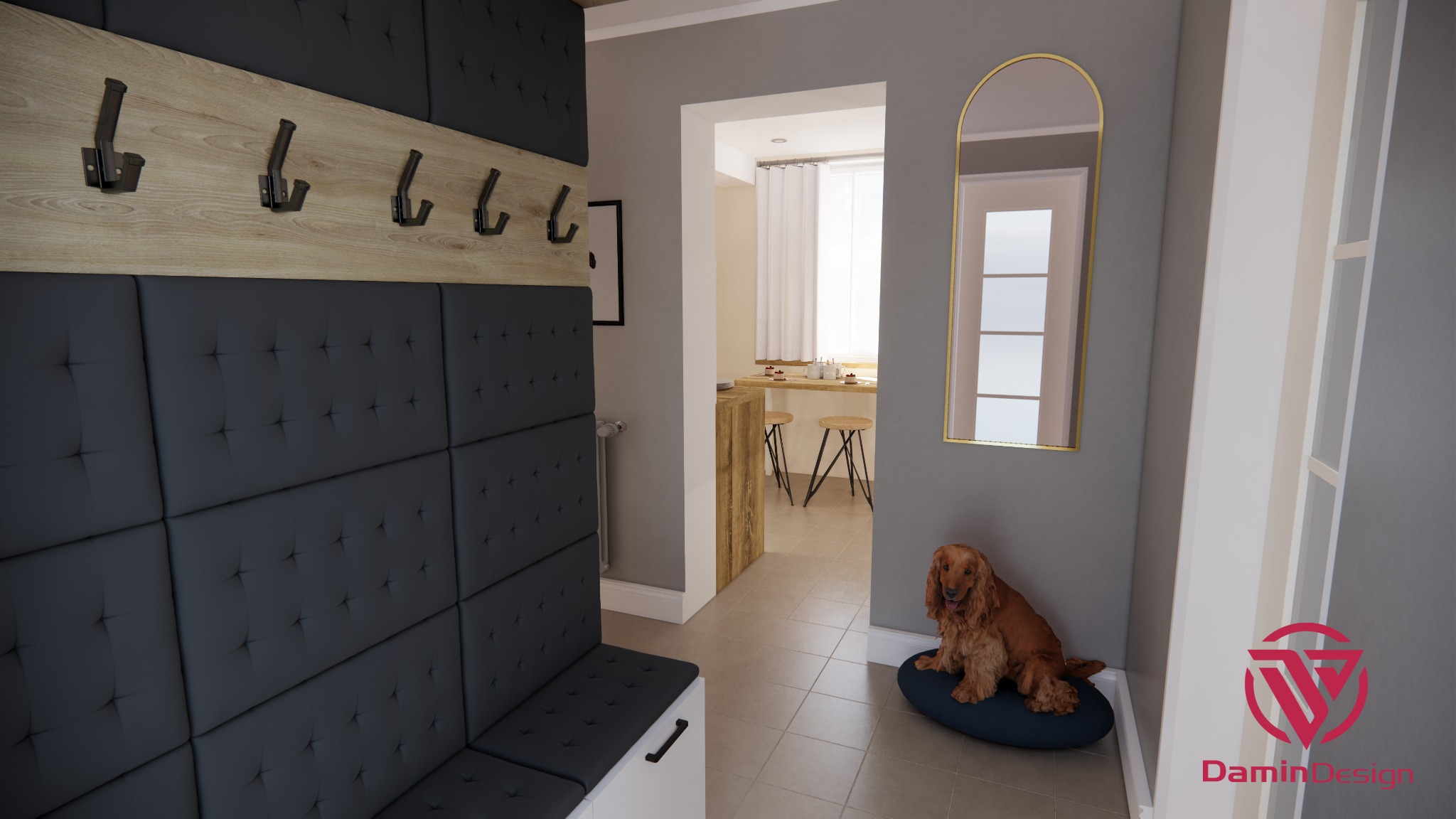 Wnętrze przedpokoju z wbudowaną szafą z tapicerowanymi panelami, drewnianym panelem z wieszakami i siedziskiem. W tle widoczne przejście do kuchni z wysokim blatem i hokerami oraz pies rasy spaniel...