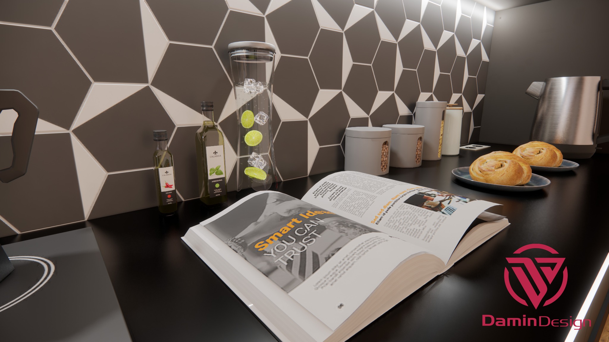 Czarny blat kuchenny z hexagonalnymi płytkami, dekoracyjnymi butelkami z oliwą, pojemnikami na żywność, czajnikiem, ciastkami, otwartą książką z napisem 'Smart Ideas You Can Trust' oraz logo...