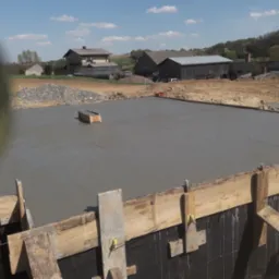 Świeżo wylana, gładka płyta fundamentowa w Kłaju, otoczona drewnianym szalunkiem i zabezpieczona czarną folią, widok na budynki gospodarcze w tle.