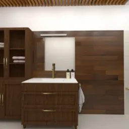 Wizualizacja łazienki z drewnianymi akcentami: szafka z umywalką, lustro z oświetleniem, drewniana boazeria, marmurowe płytki i toaleta.