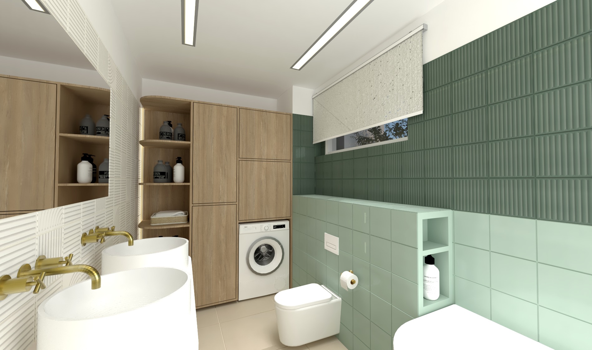 Nowoczesna łazienka z dwiema umywalkami na blacie, złotą armaturą, pralką ukrytą w zabudowie meblowej, toaletą i zielonymi płytkami na ścianach.