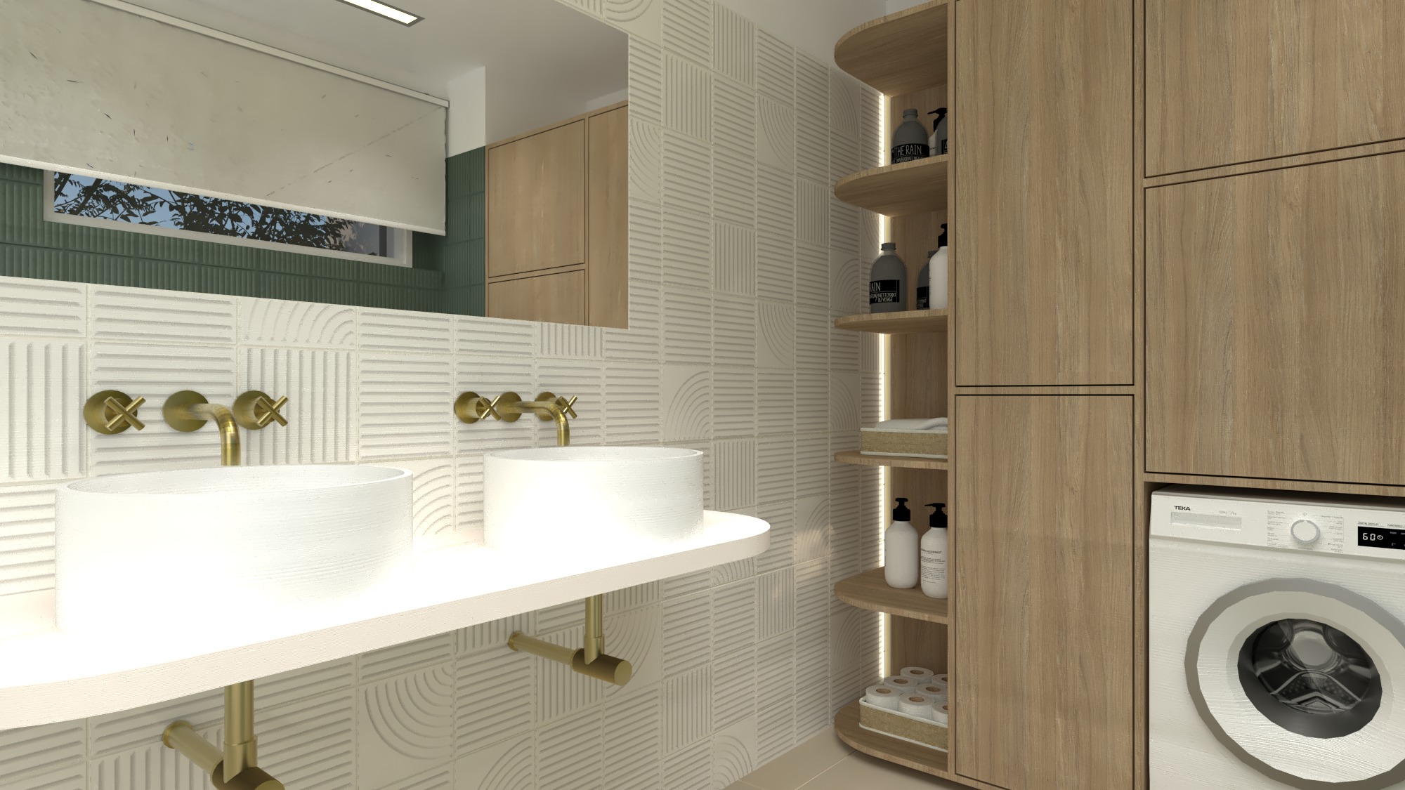 Nowoczesna łazienka z dwoma umywalkami nablatowymi, złotą armaturą, szafką z półkami podświetlanymi LED i pralką Teka w zabudowie.