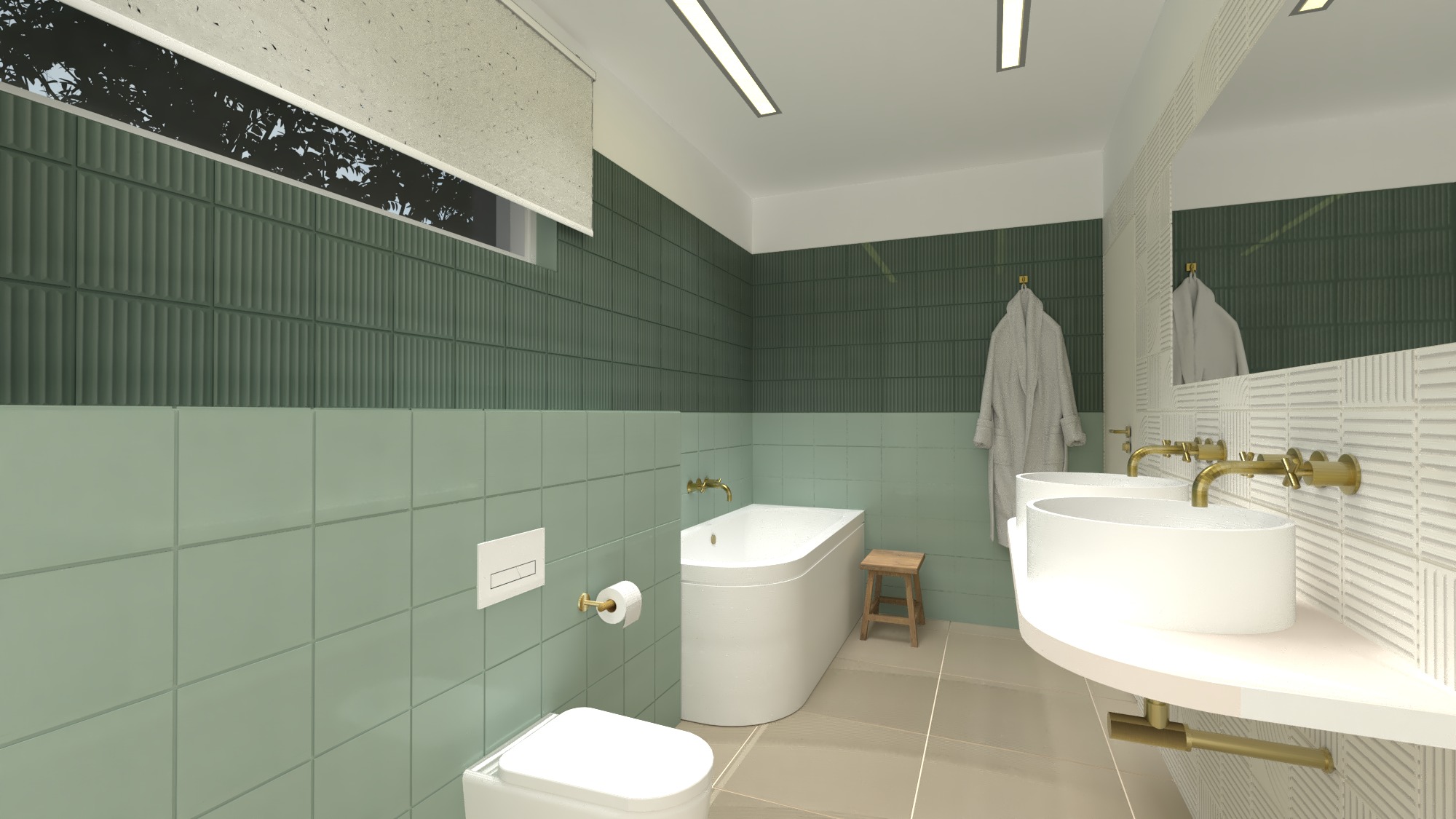 Wizualizacja nowoczesnej łazienki z zielonymi płytkami, wolnostojącą wanną, podwójną umywalką nablatową z mosiężną armaturą i drewnianym stołkiem.