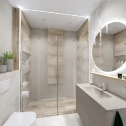 Nowoczesna łazienka z kabiną prysznicową typu walk-in, okrągłym lustrem podświetlanym LED, umywalką nablatową i drewnopodobnymi płytkami na ścianach.