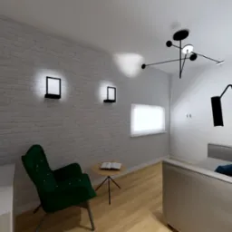 Wizualizacja pokoju dziennego z ceglaną ścianą, zielonym fotelem i nowoczesną lampą sufitową, oświetlonego światłem z okna i lamp ściennych.