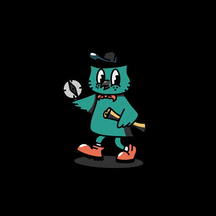 Kreskówkowy wizerunek sowy w kapeluszu i muszce, trzymającej kompas i zwój, na czarnym tle.