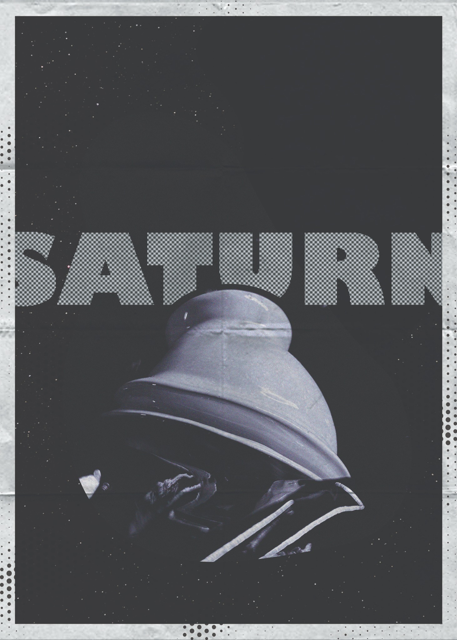 Abstrakcyjna grafika w stylu retro z napisem 'SATURN' i elementem przypominającym hełm astronauty na tle kosmosu, wykonana przez grafika z Główczyc.