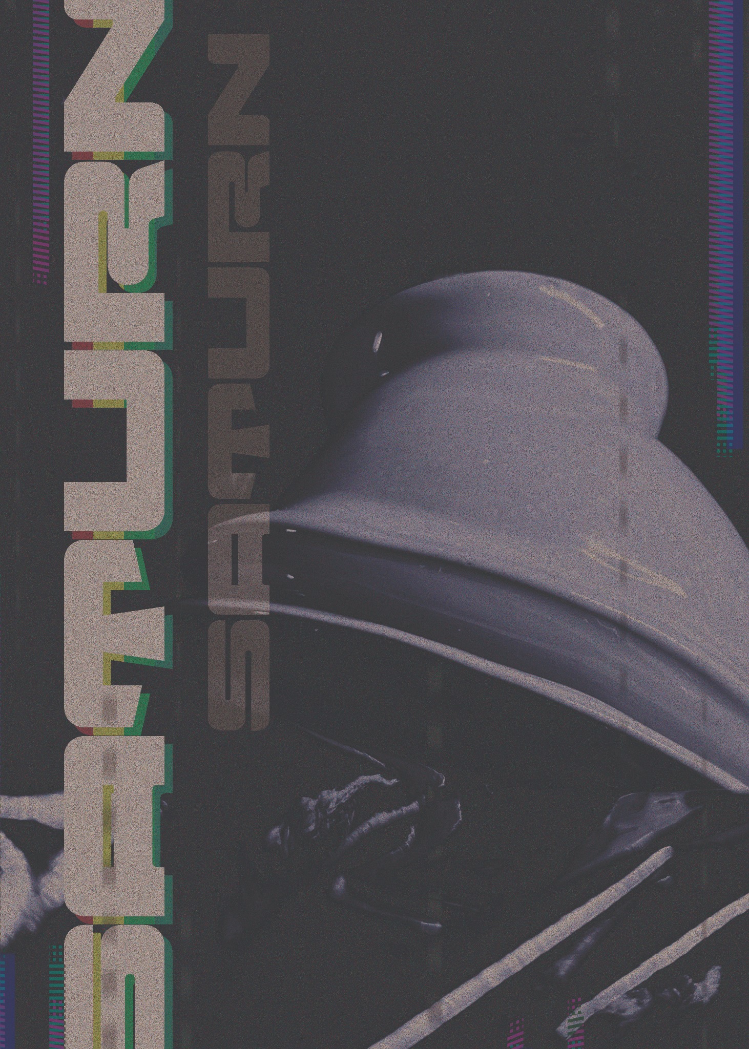 Abstrakcyjna grafika z motywem planety Saturn, stylizowana na plakat z efektem ziarnistości i elementami glitch art.