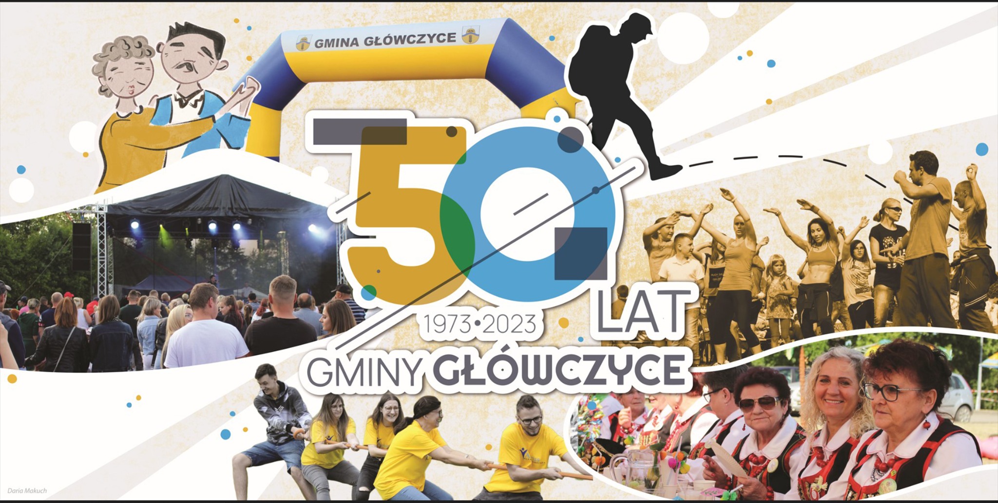 Plakat z okazji 50-lecia Gminy Główczyce, zawierający kolaż zdjęć przedstawiających różne wydarzenia i aktywności społeczności lokalnej, takich jak koncerty, zawody sportowe i festyny.